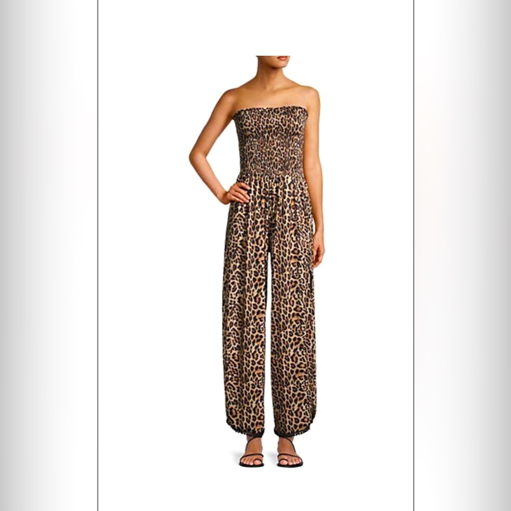 Peixoto 
 leopard-print strapless jumpsuit ,smocked top, embroidered hems.